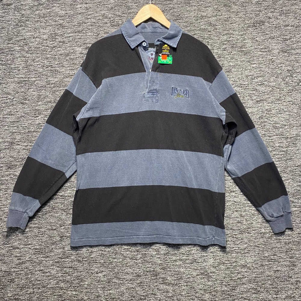 NWT VTG Ikeda Striped Rugby Shirt Mens M Black Blue Denim Collar Made in Canada